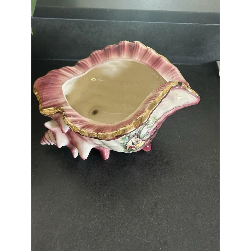 Vintage KLM Staffordshire Ceramic Seashell with Romantic Scene and Gold Trim
